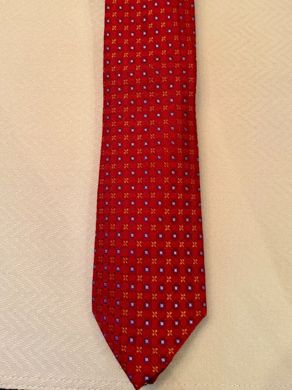 Ermenegildo Zegna Men’s Silk Tie – Red with Gold & Blue Geometric Pattern Italy